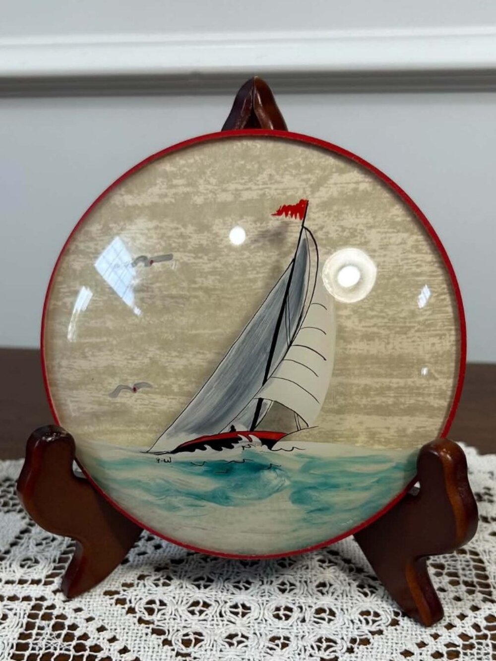 Peter Watson Studio Signed Reverse Painted Convex Glass Sailboat Plaque
